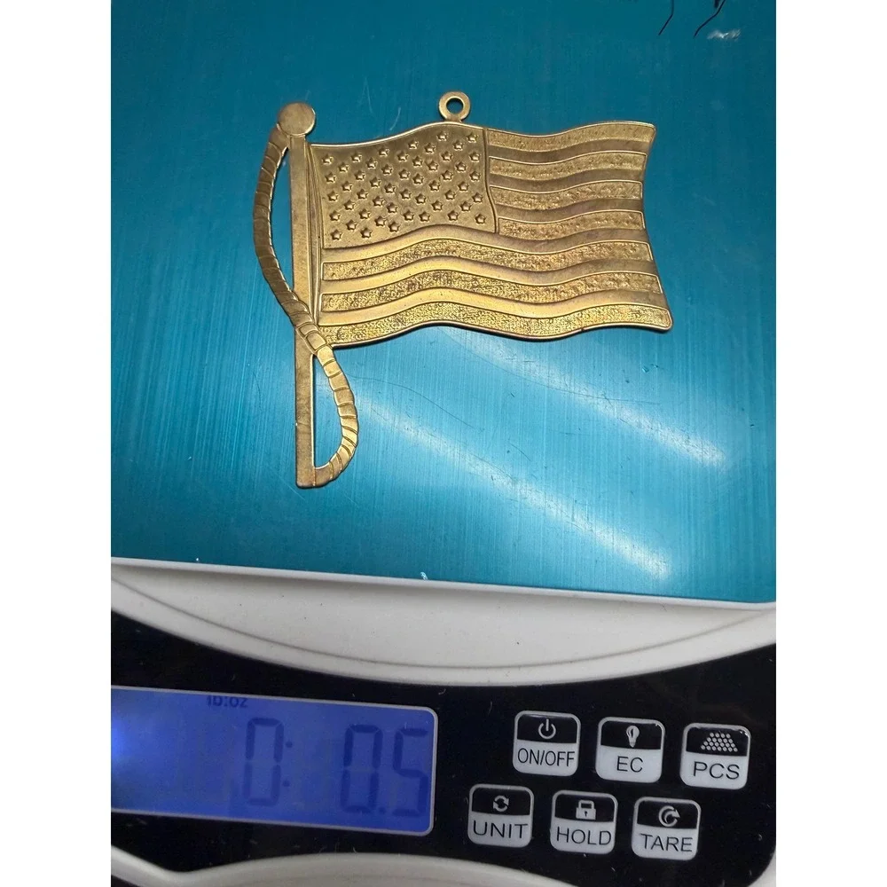 Vintage Brass Tone American Flag Ornament Waving US Flag Patriotic Holiday Decor